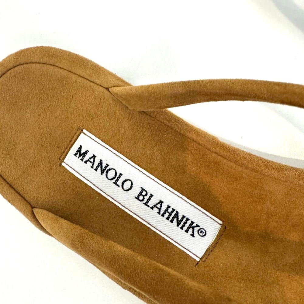 Manolo Blahnik Brown Suede Thong Sandal Flats 37.5 NEW Tan Round Toe Shoes - Picture 4 of 6
